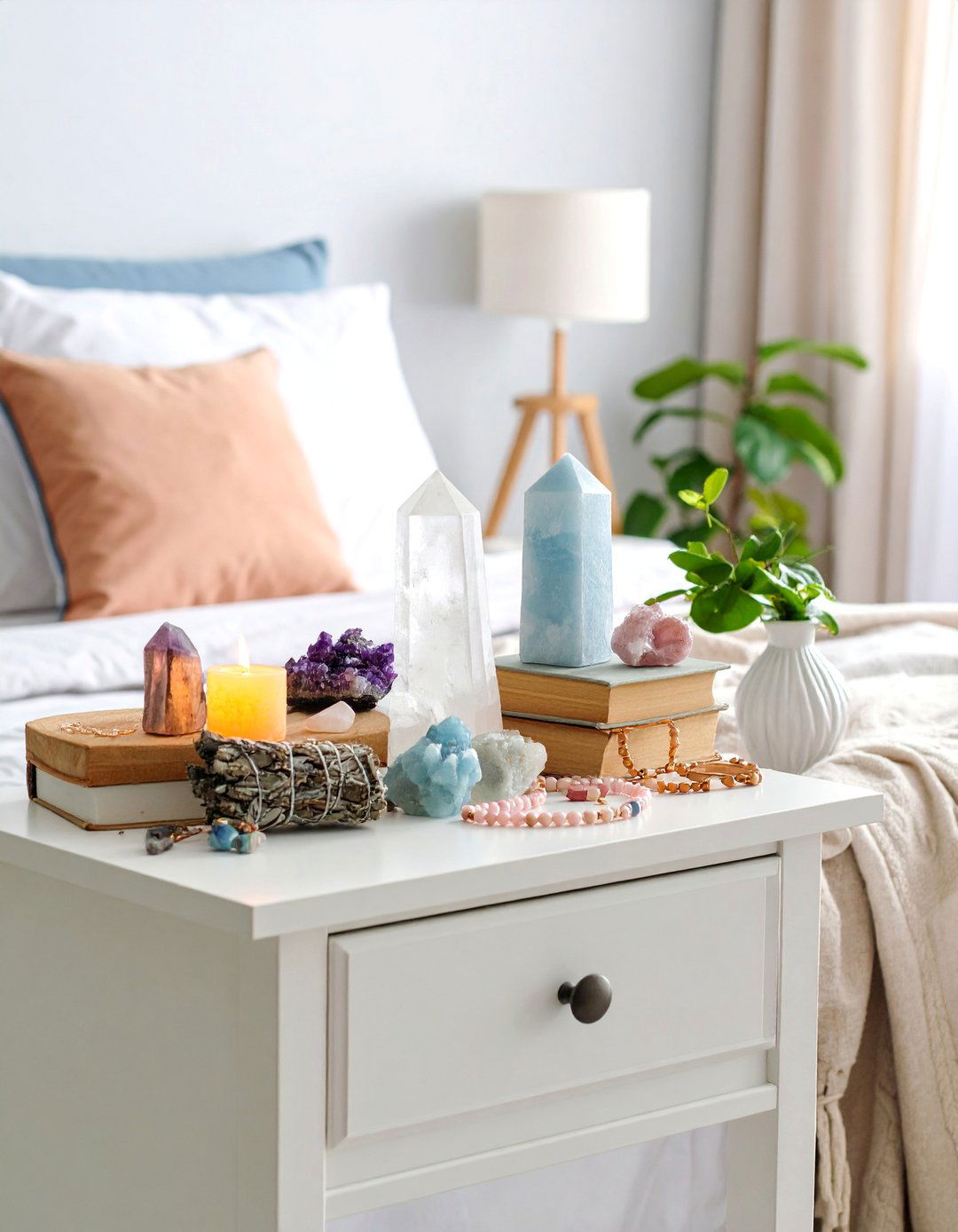 Crystal Healing Nightstand with Gemstone Collection - 25 Nightstand Decor Ideas