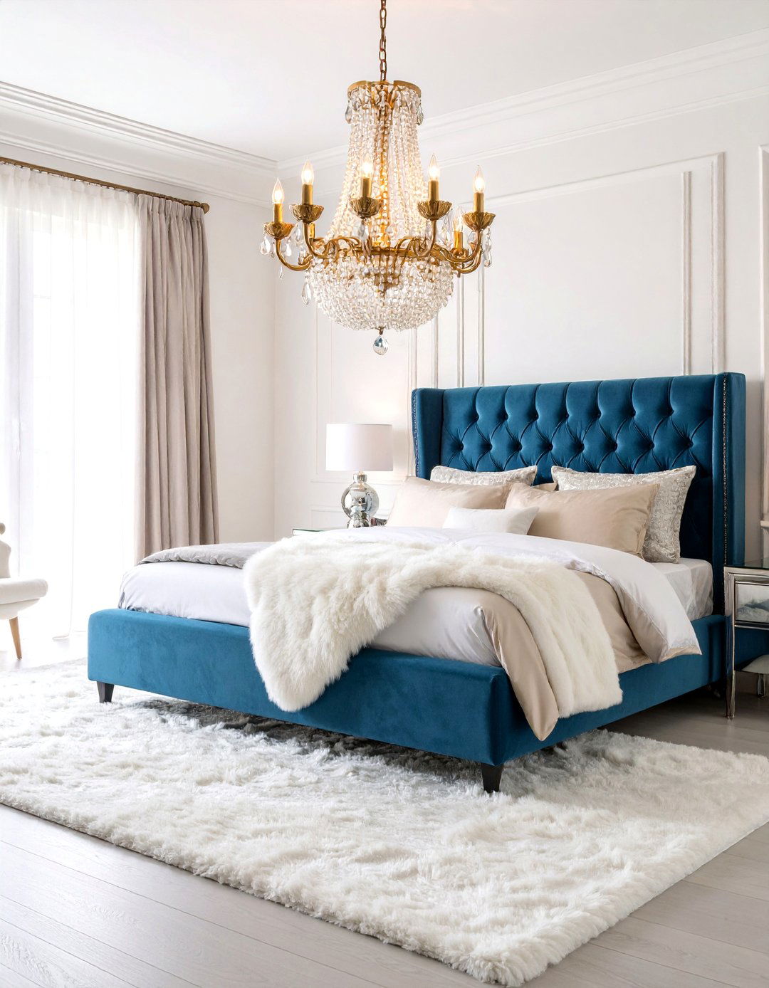 Crystal Waterfall Bedroom with Velvet Accents - 25 Glam Bedroom Ideas