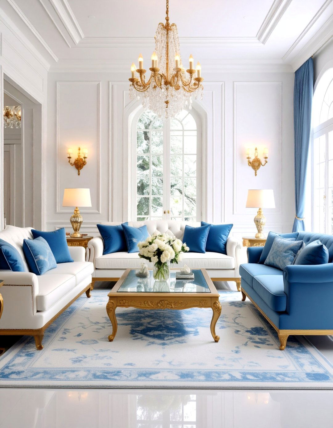 Crystal White and Ice Blue Living Room - 25 Chinoiserie Living Room Ideas