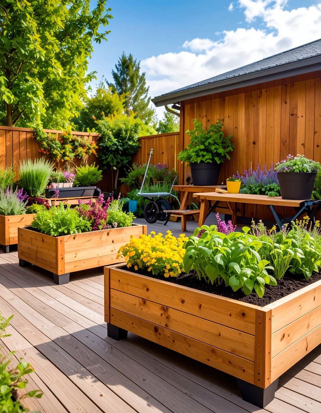 Culinary Herb Garden Deck with Raised Planter Boxes - 25 Deck Decorating Ideas With Plant