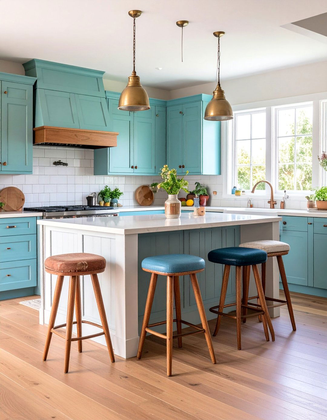 Curated Mismatched Stool Farmhouse Kitchen Island - 25 Farmhouse Kitchen Island Ideas