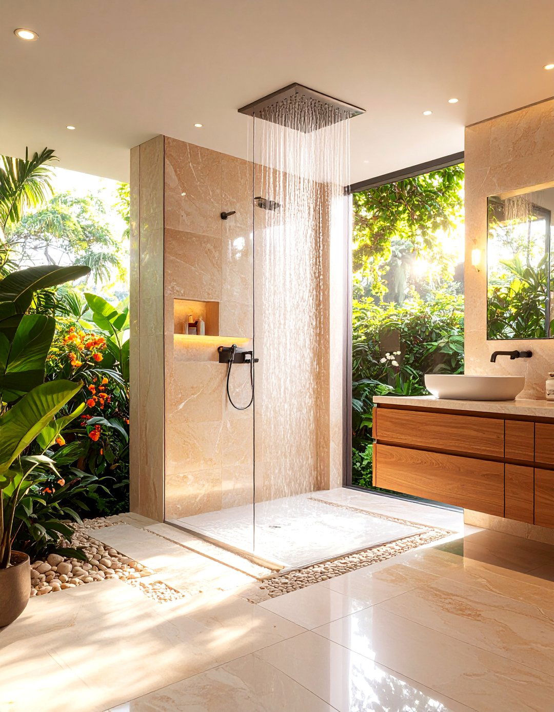 Curbless Natural Stone Sanctuary - 25 Doorless Walk In Shower Ideas
