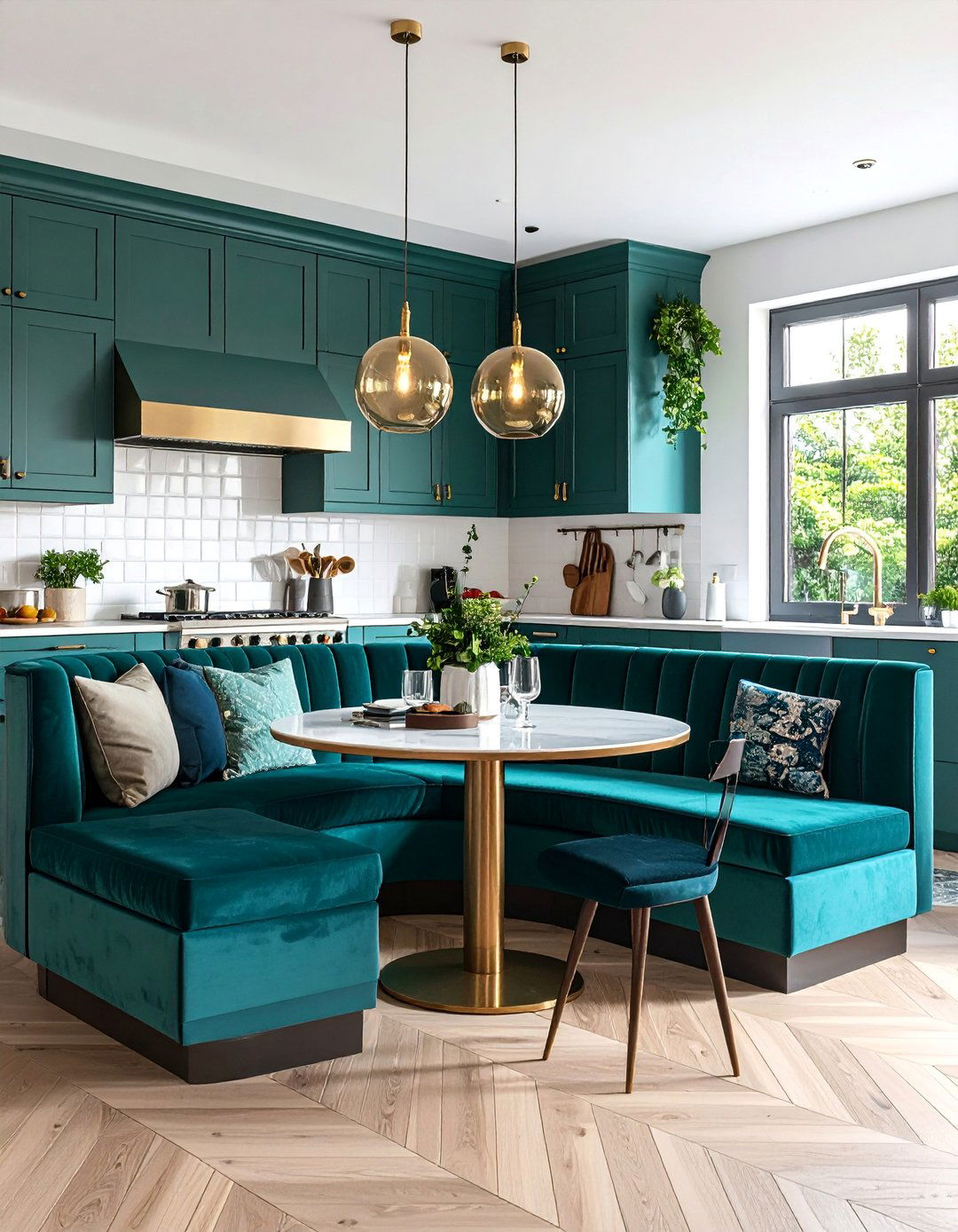 Curved Banquette Seating with Velvet Upholstery - 25 Eat in Kitchen Ideas