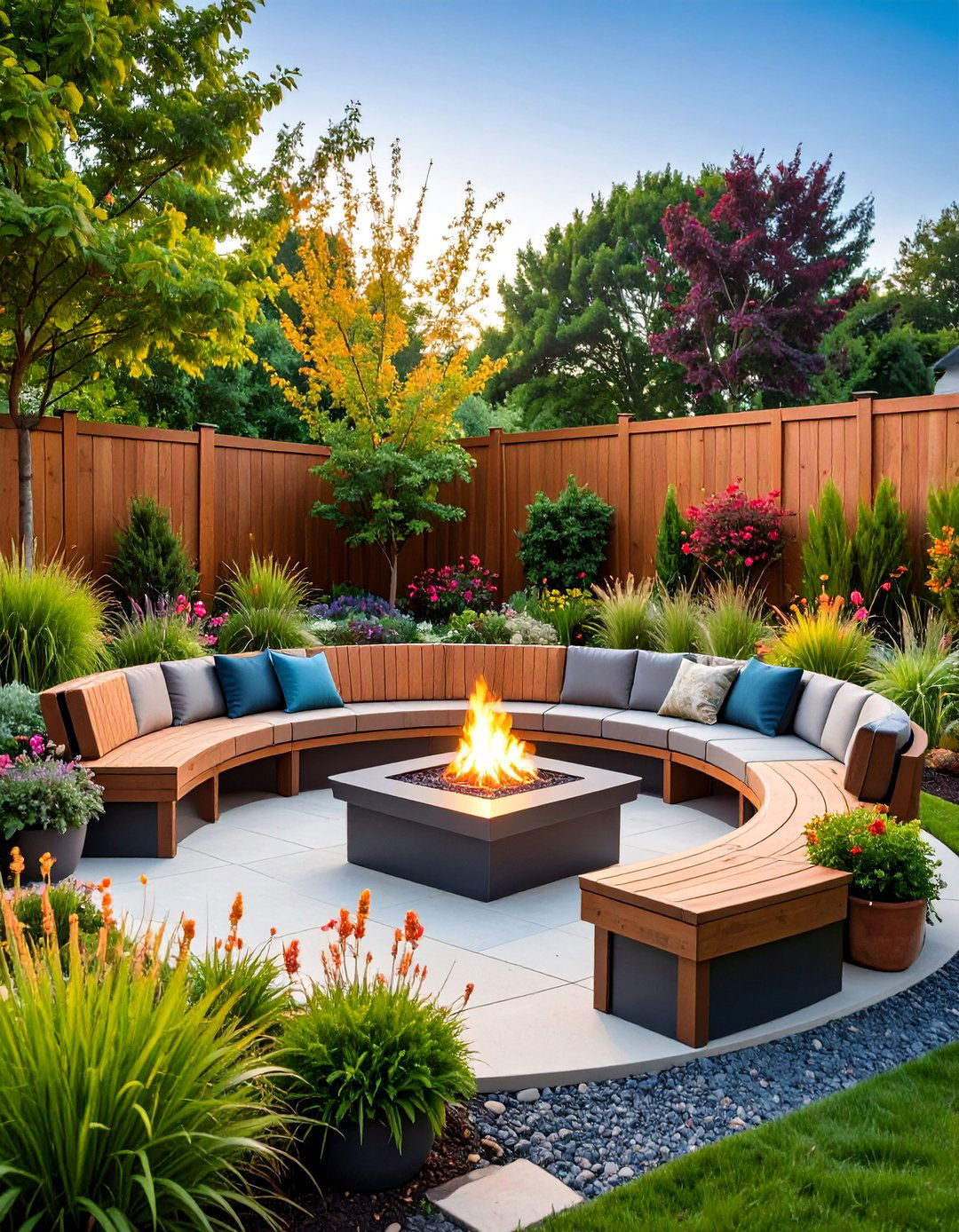 Curved Bench Seating with Integrated Planters - 25 Fire Pit Chair Ideas