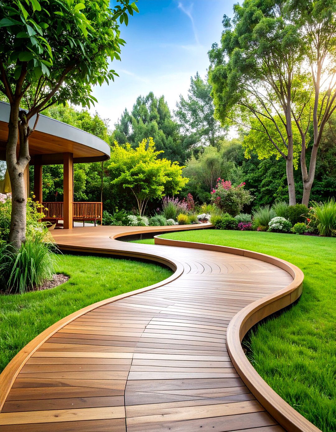 Curved Border Sage and Natural Wood Deck - 25 Two Tone Deck Color Schemes