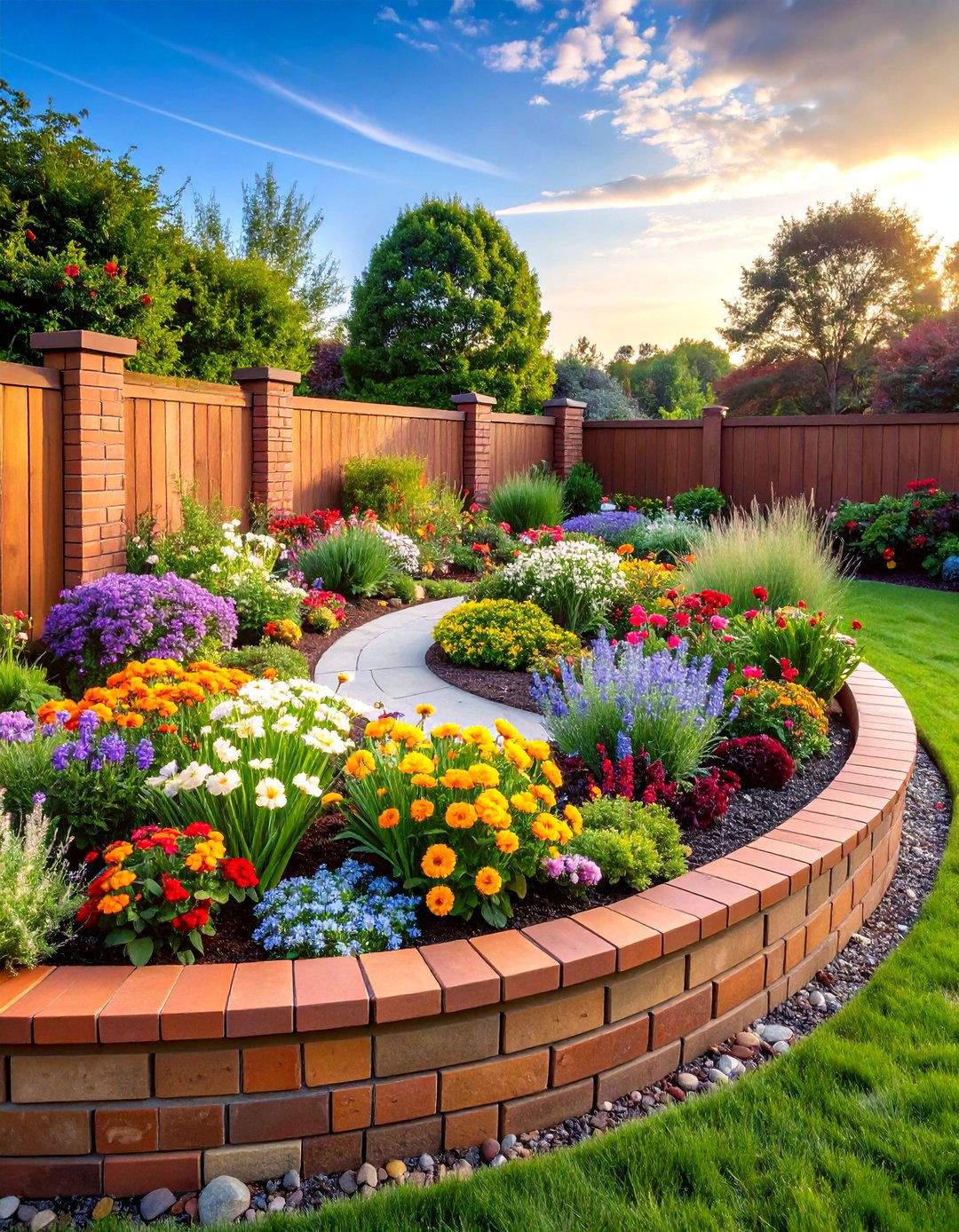 Curved Brick Flower Garden with Seasonal Displays - 25 Raised Garden Bed Along Fence Ideas
