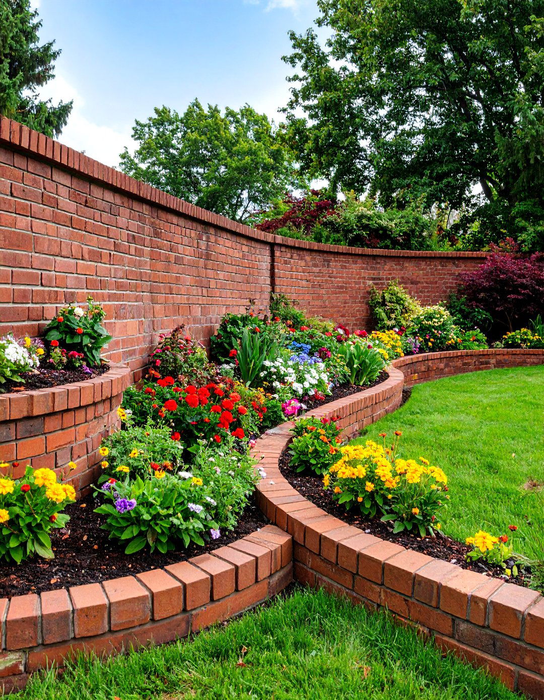 Curved Brick Garden Wall with Integrated Planters - 25 Front Yard Brick Fence Ideas