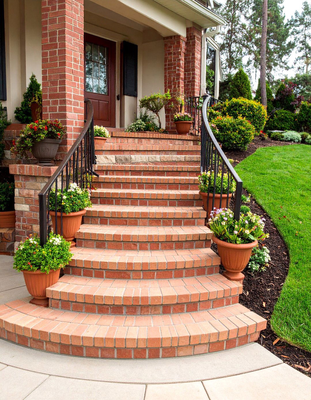Curved Brick Steps with Natural Stone Accents - 25 Brick Front Steps Design Ideas