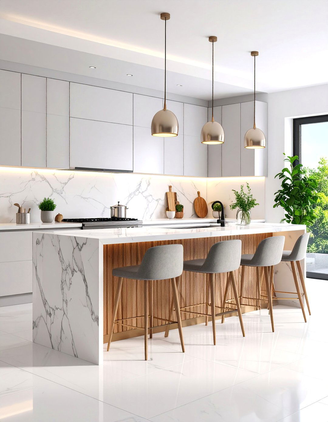 Curved Carrara Island with Fluted Wood Base - 25 Marble Kitchen Island Ideas