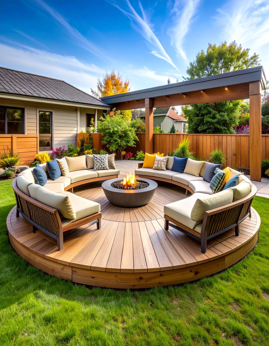 Curved Corner Deck with Built In Seating and Fire Bowl - 25 Backyard Deck Ideas