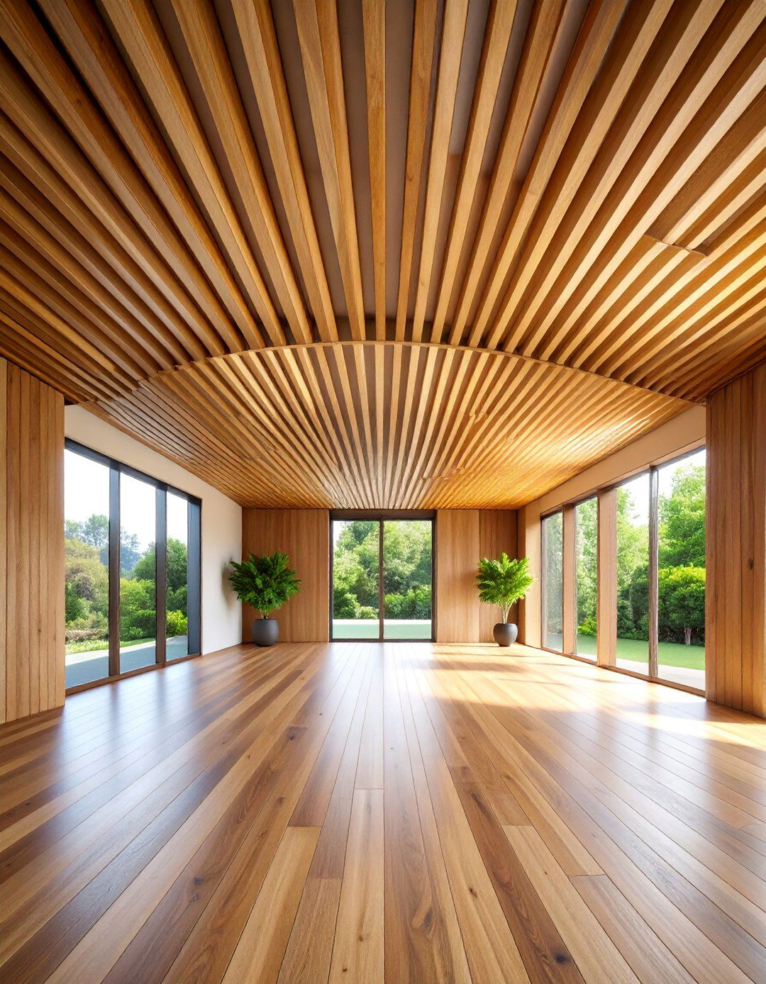 Curved Corner Wood Slat Ceiling with Seamless Transitions - 25 Wood Slat Ceiling Ideas