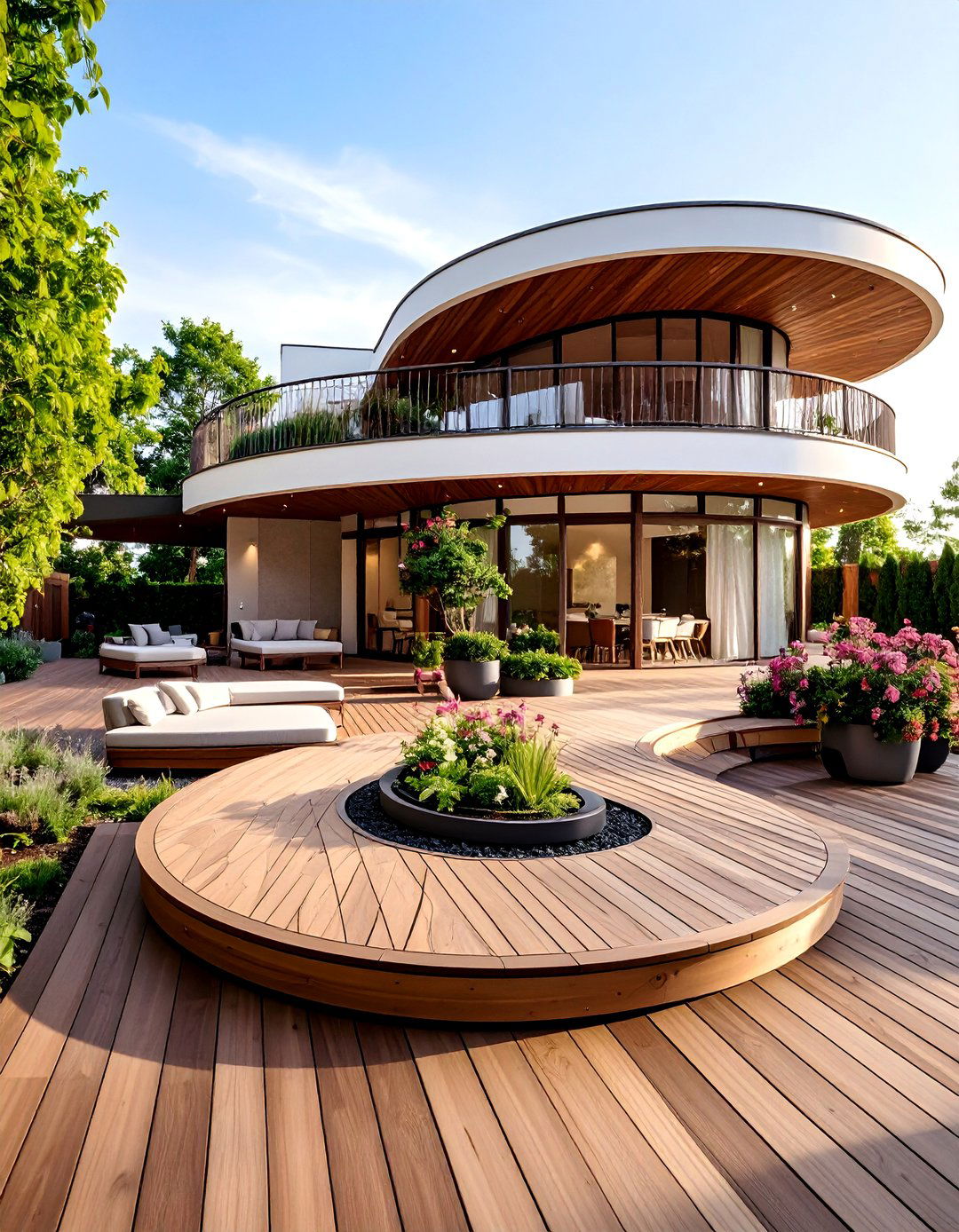 Curved Deck Design with Flowing Architecture - 25 Deck Decorating Ideas