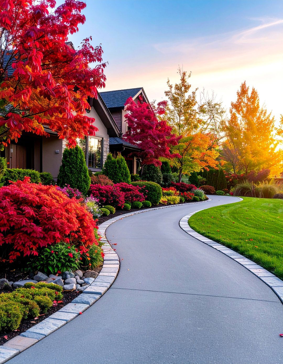Curved Driveway with Layered Shrub Borders - 25 Driveway Landscape Ideas