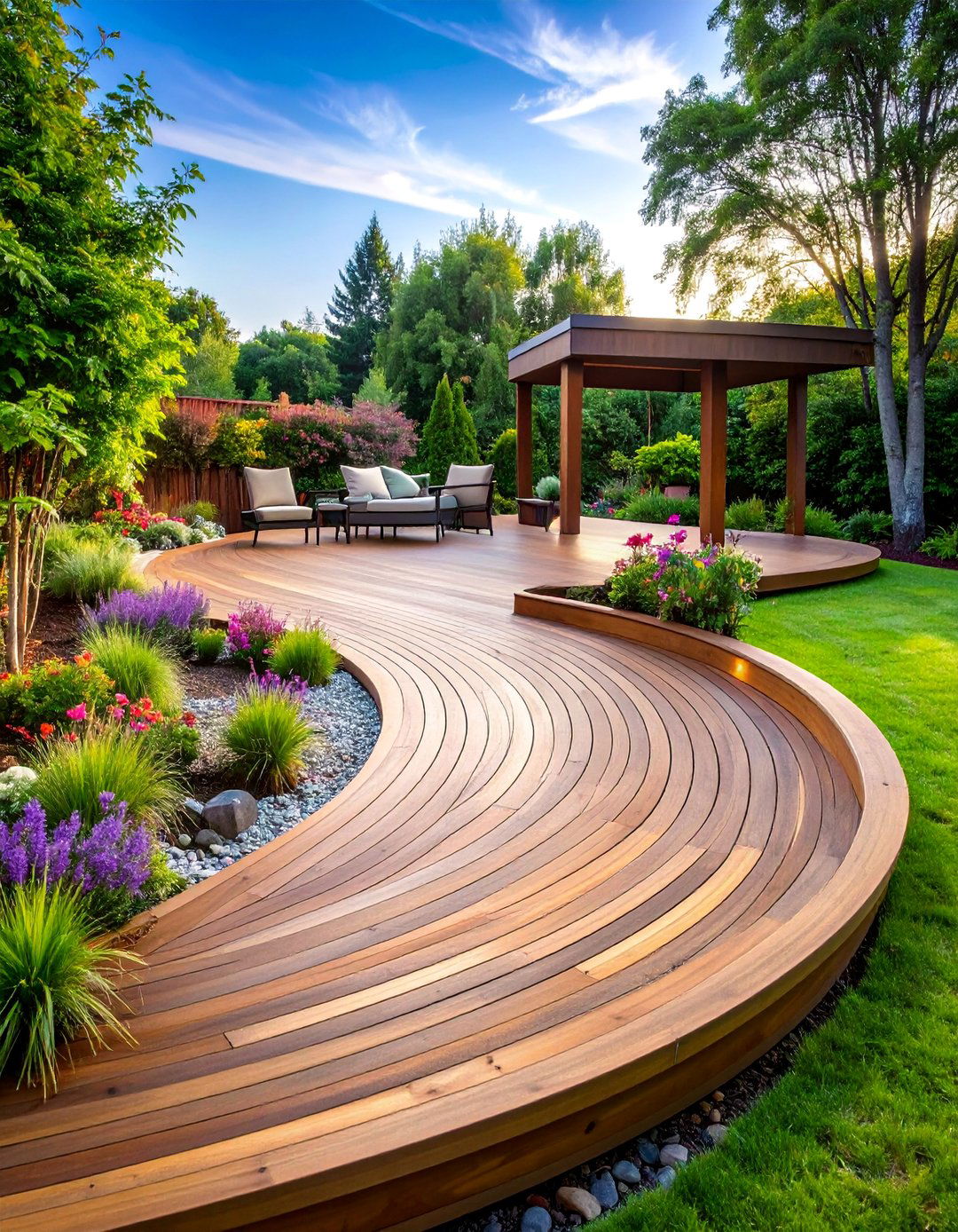 Curved Edge Deck with Organic Garden Integration - 25 Ground Level Deck Ideas