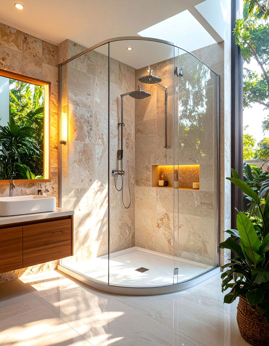 Curved Glass Corner Shower with Natural Stone Walls - 25 Corner Shower Ideas