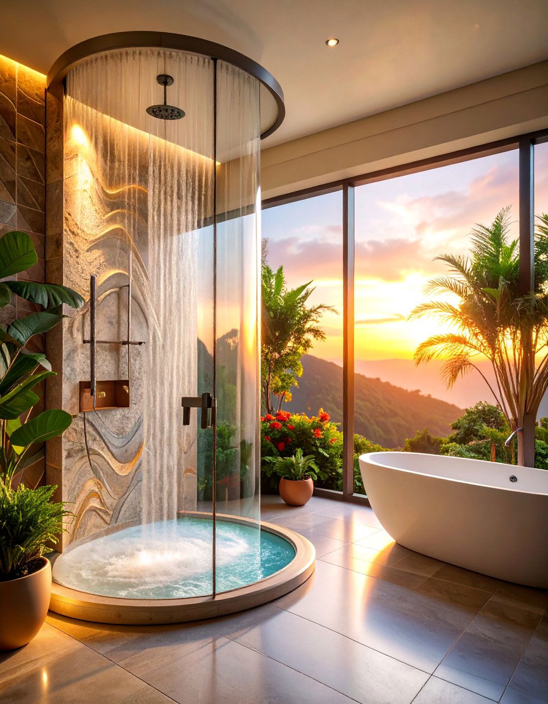 Curved Glass Shower with Organic Tile Patterns - 25 Bathroom Shower Ideas