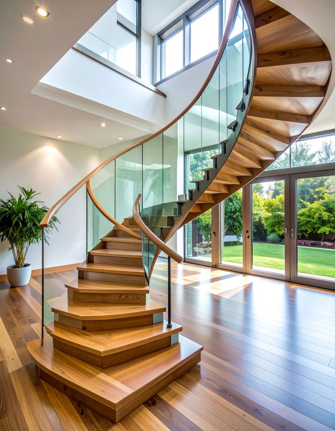 Curved Glass Staircase with Wooden Handrails - 25 Contemporary Staircase Design Ideas