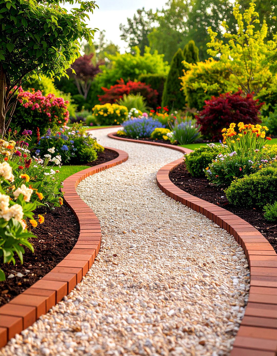 Curved Gravel Garden Path with Brick Edging - 25 Garden Path Ideas