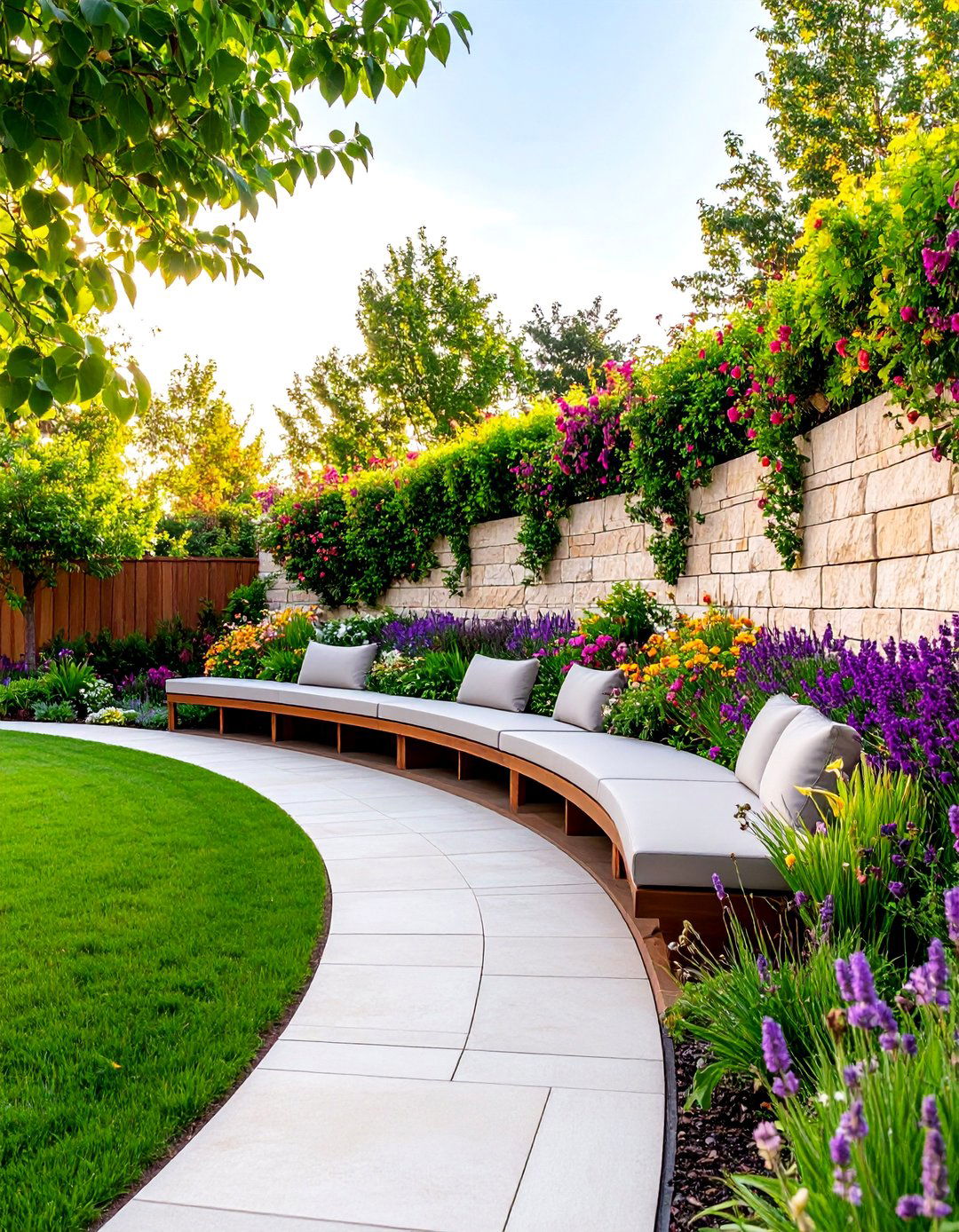Curved Limestone Retaining Wall with Integrated Seating - 25 Natural Rock Retaining Wall Ideas