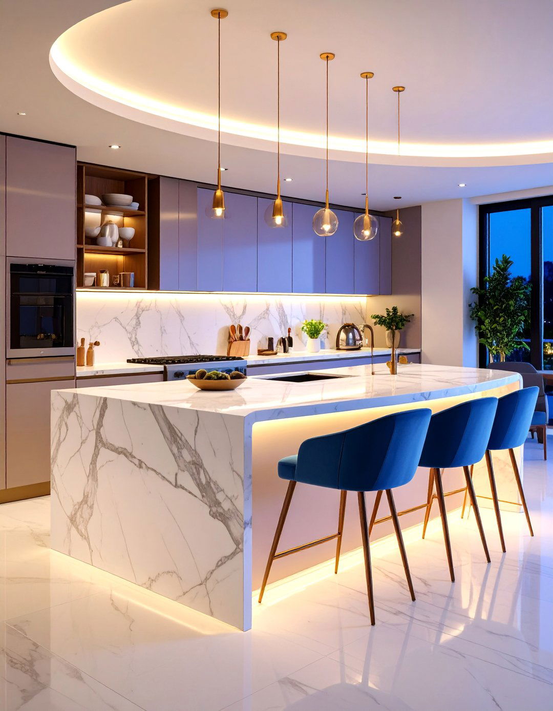 Curved Marble Island with Integrated Seating - 25 Marble Kitchen Island Ideas