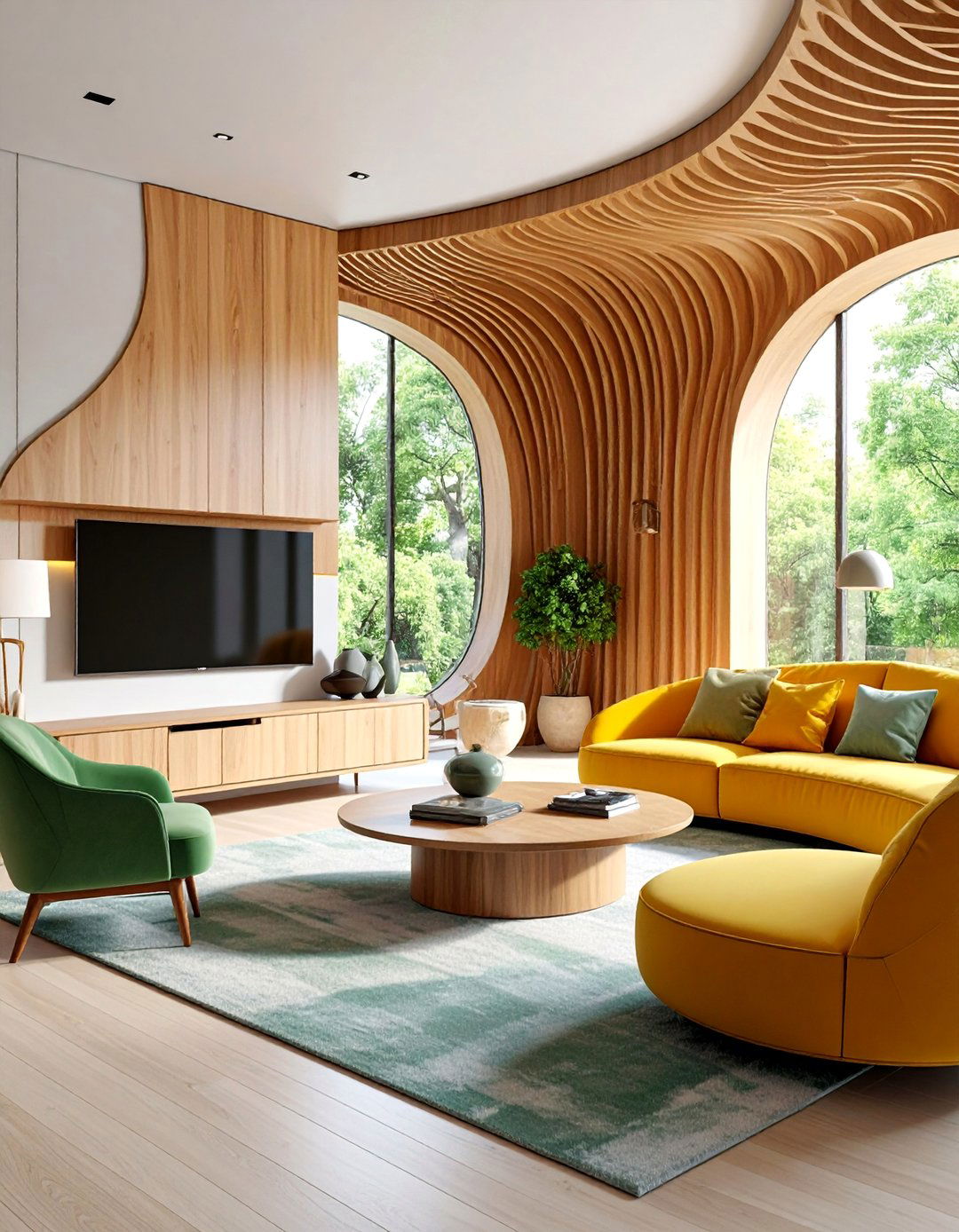 Curved Media Wall with Organic Flow - 25 Media Wall Ideas