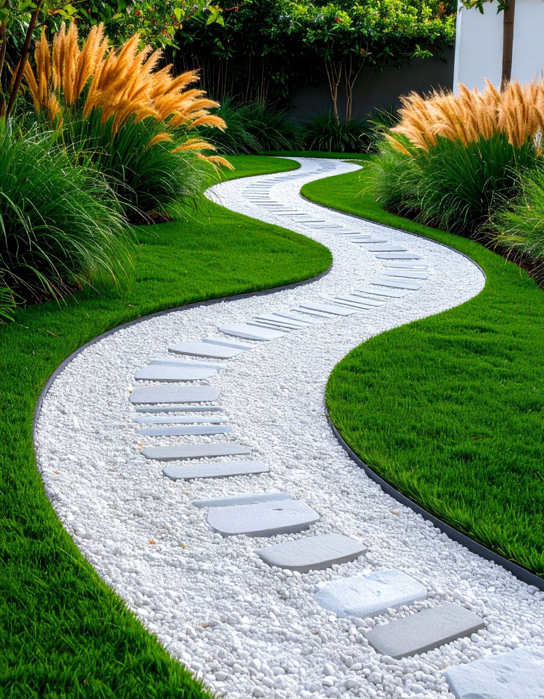 Curved Pea Gravel Walkway with Ornamental Grass Accents - 25 Pea Gravel Walkway Ideas
