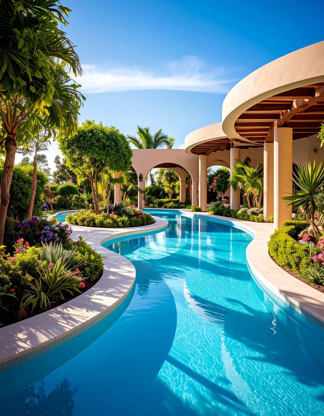 Curved Pool Walkway with Plantings - 25 Pool Walkway Ideas