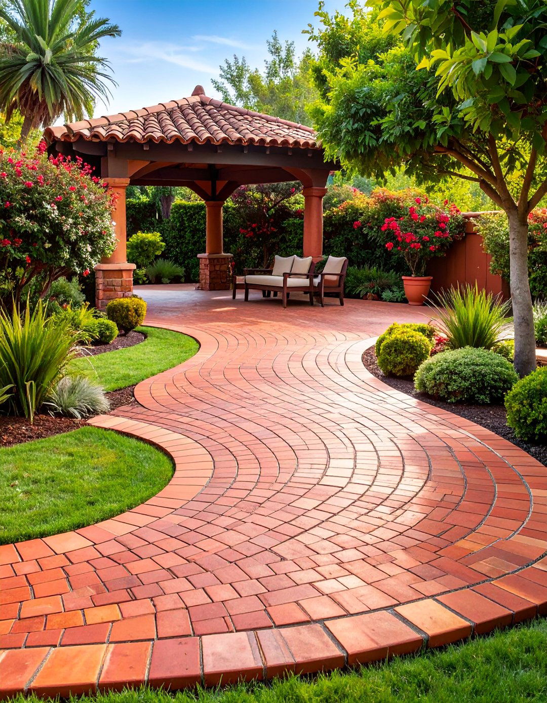 Curved Red Paver Patio Layout - 25 Red Paver Patio Ideas