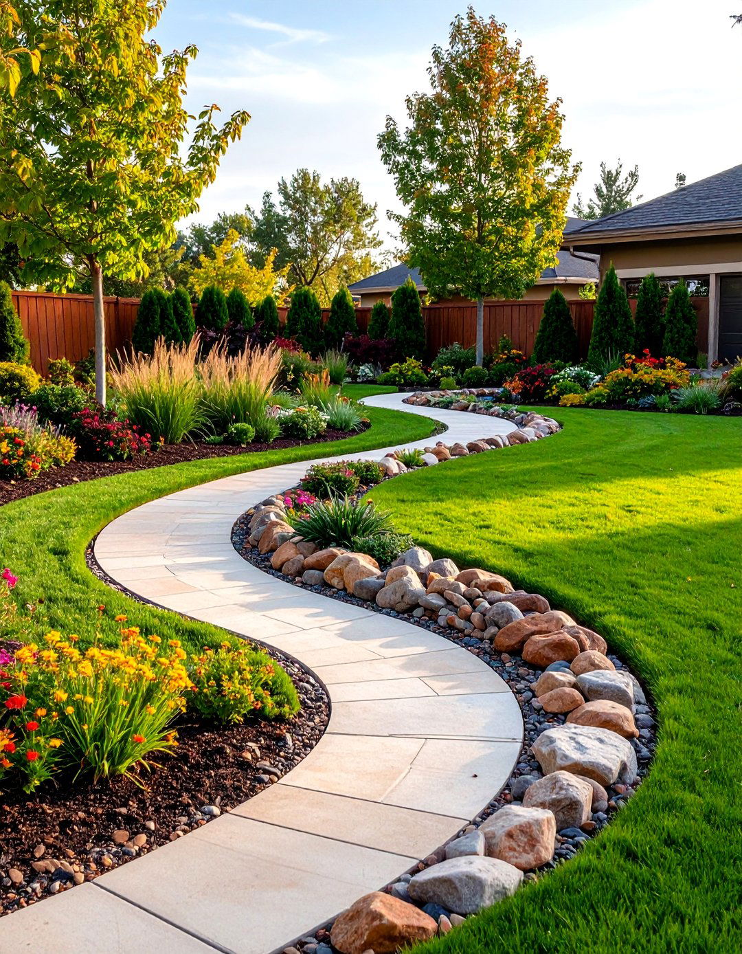 Curved Serpentine River Rock Pathways - 25 River Rock Edging Ideas