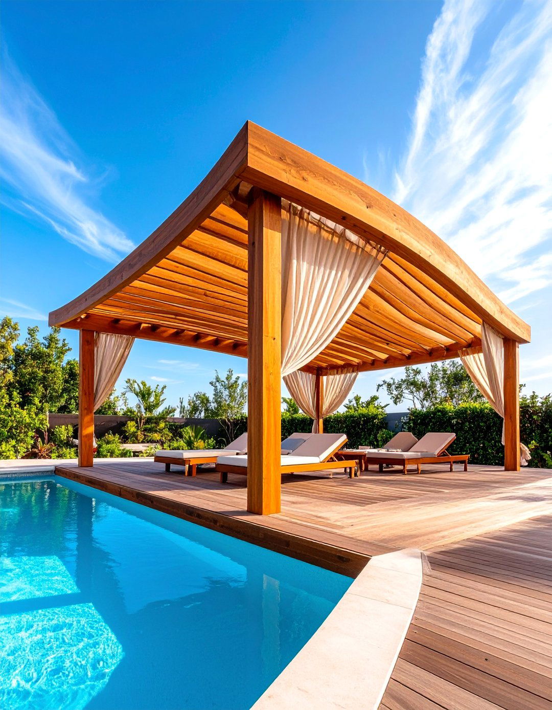 Curved Shade Structure Following Pool Shape - 25 Pool Shade Ideas