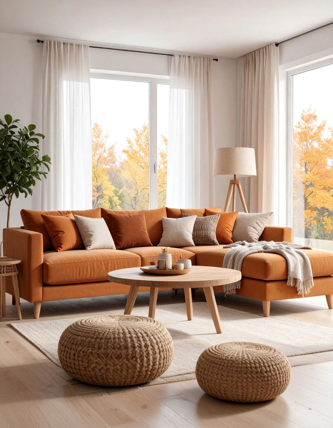 Curved Sofa Living Room with Earthy Tones - 25 Budget Apartment Living Room Ideas