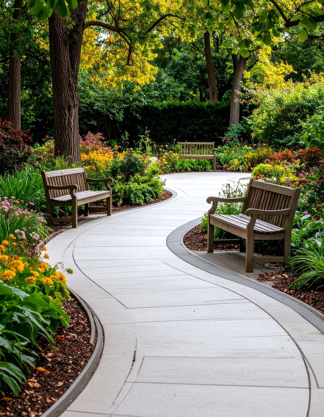 Curved Stamped Concrete Garden Walkway with Leaf Patterns - 25 Concrete Walkway Ideas