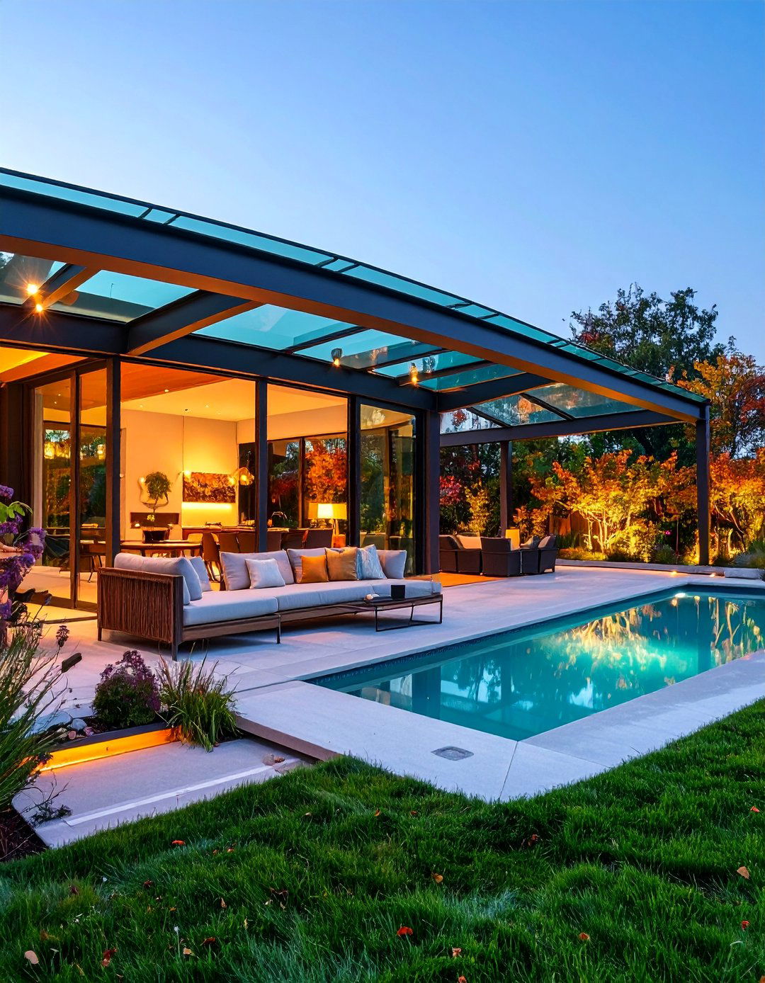 Curved Steel Pergola with Glass Panel Roofing - 25 Patio Pergola Ideas