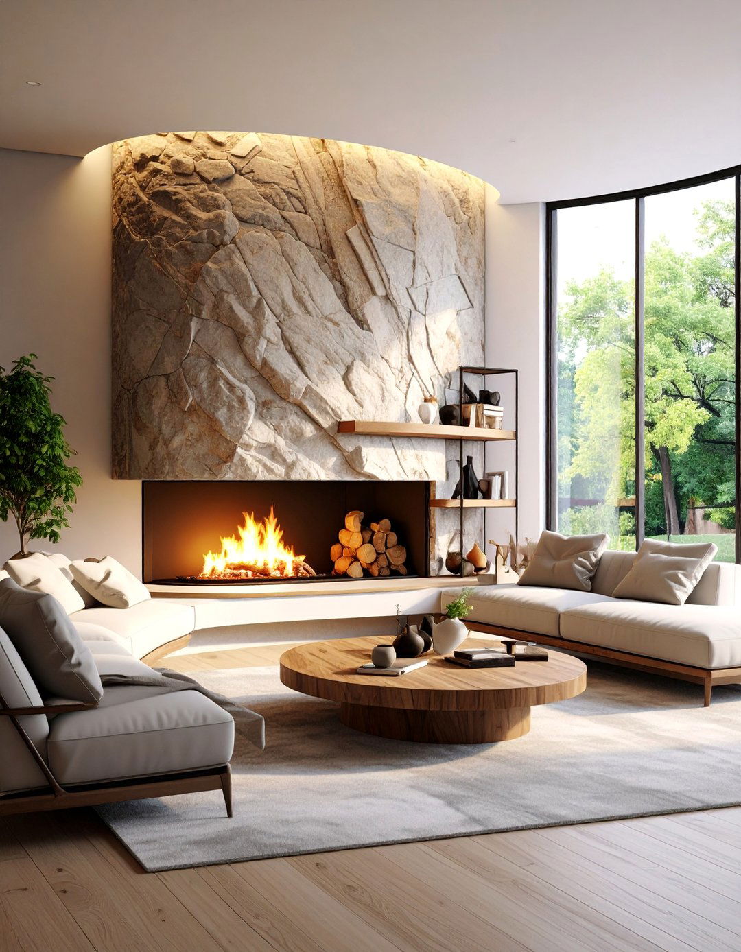 Curved Stone Modern Sculptural Fireplace - 25 Stone Fireplace Ideas