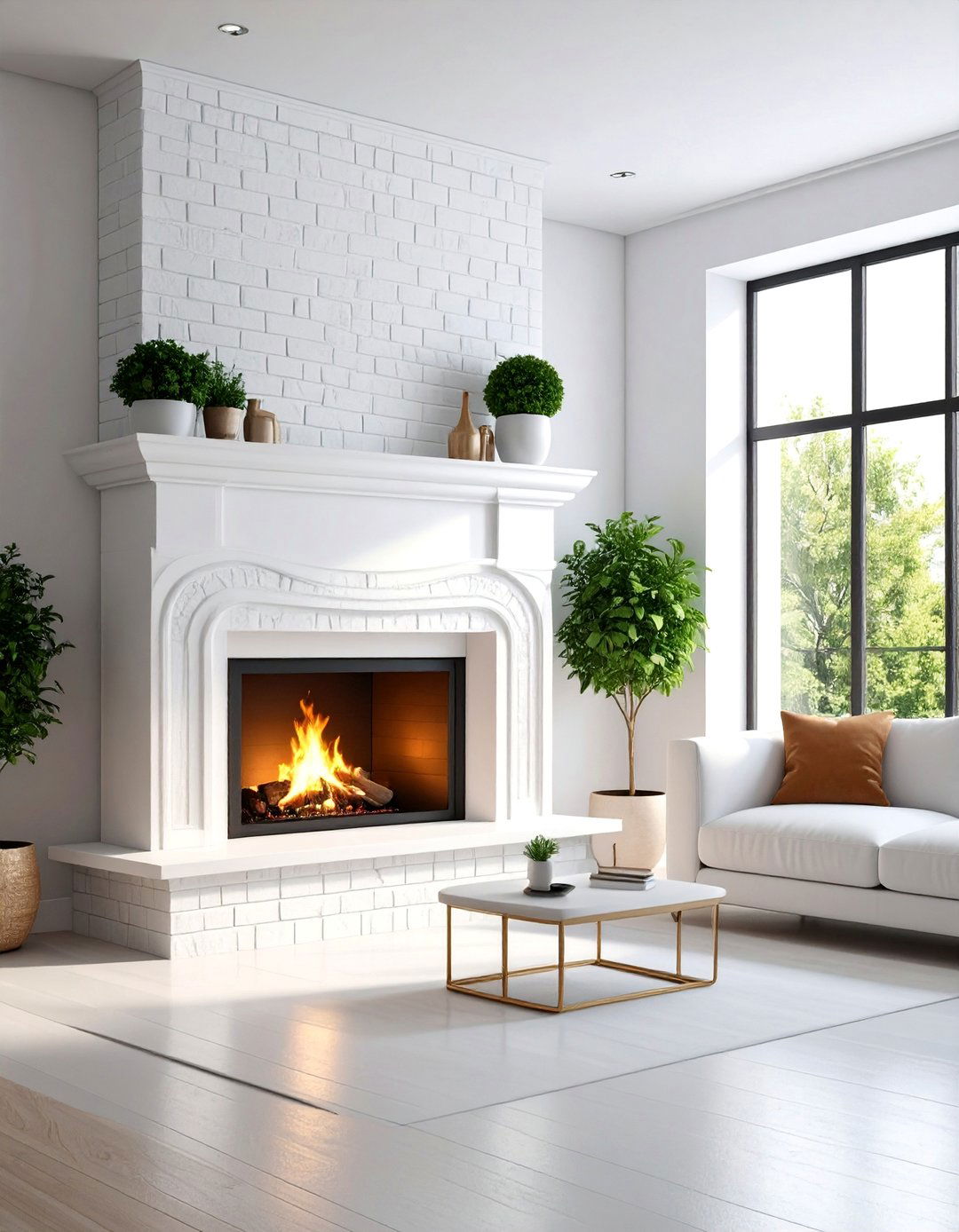 Curved White Brick Fireplace with Artistic Design Elements - 25 White Brick Fireplace Ideas