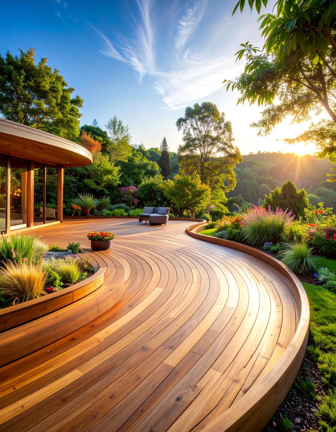 Curved Wood Deck Design with Natural Flow - 25 Wood Deck Ideas