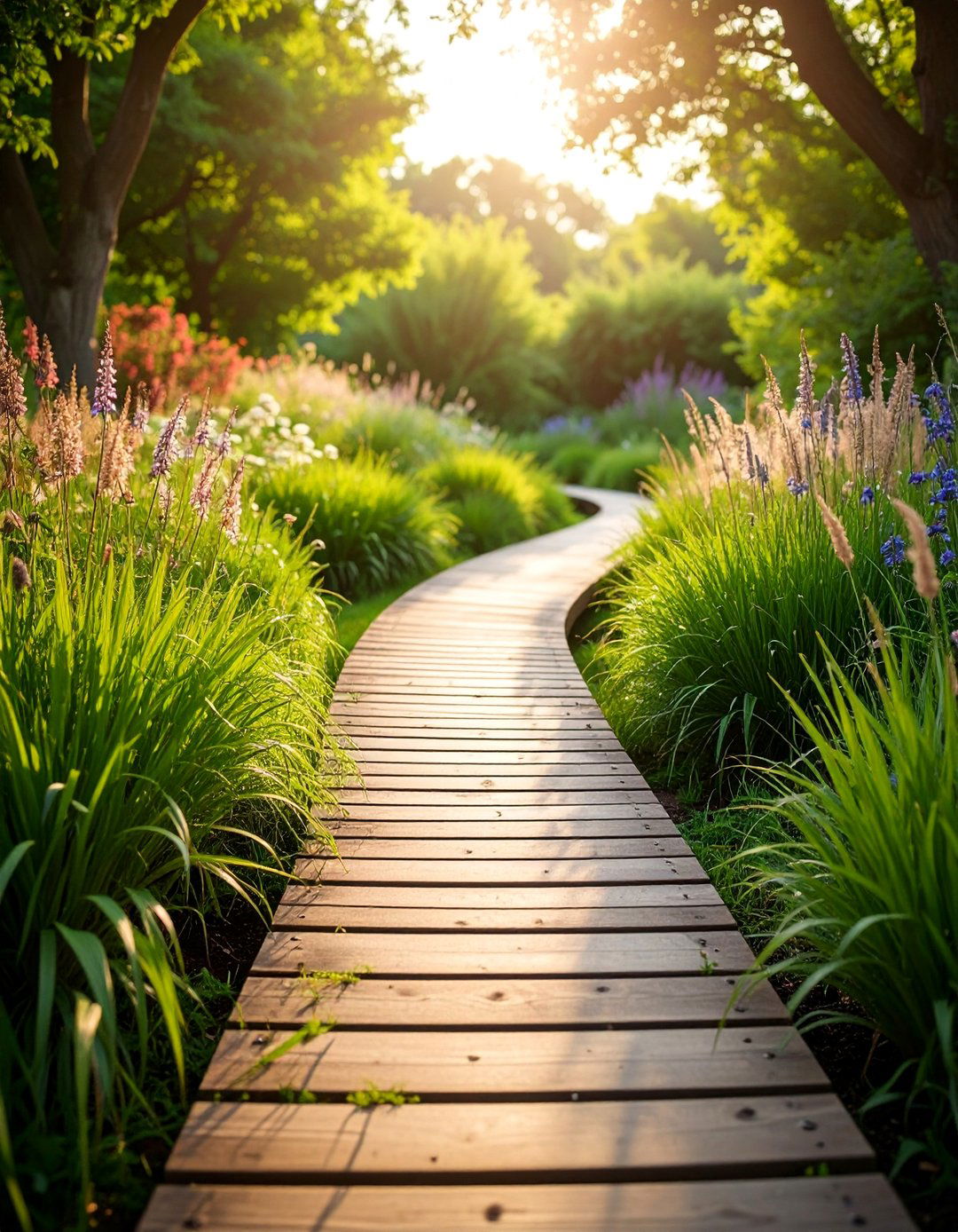 Curved Wooden Boardwalk Through Meadow Grasses - 25 Wooden Walkway Ideas