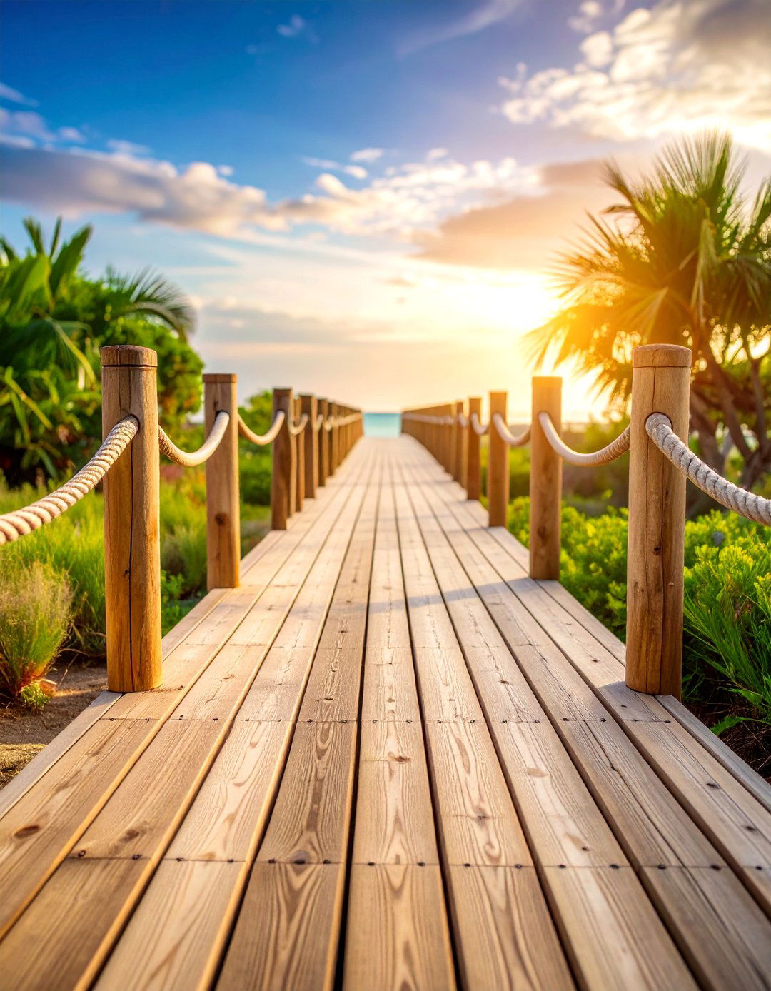 Curved Wooden Plank Walkway with Rope Details - 25 Curved Walkway Ideas