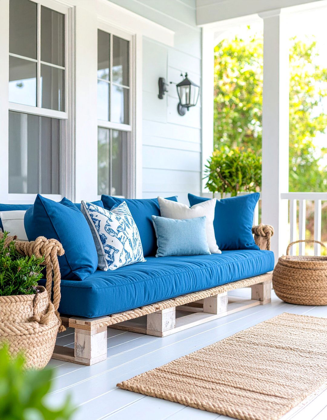 Cushioned Pallet Bench with Rope Accents - 25 Front Porch Bench Ideas
