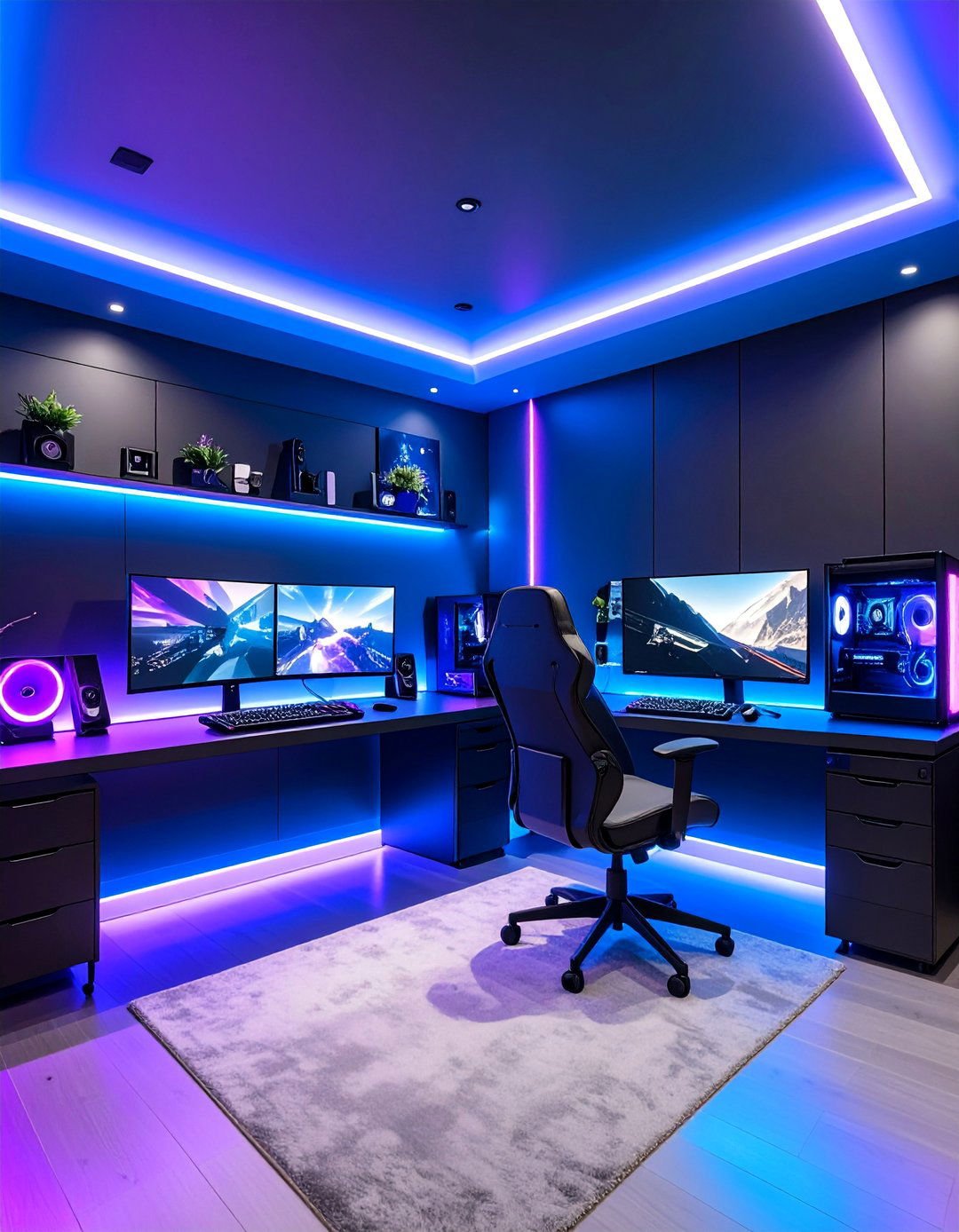 Cyberpunk Black Gaming Den with Neon Accents - 25 Black Gaming Room Ideas