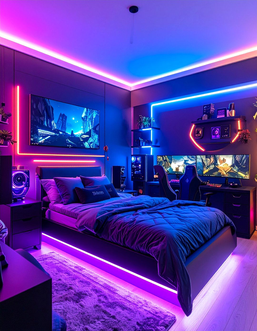 Cyberpunk Gaming Haven with Neon Accents - 25 Anime Room Ideas