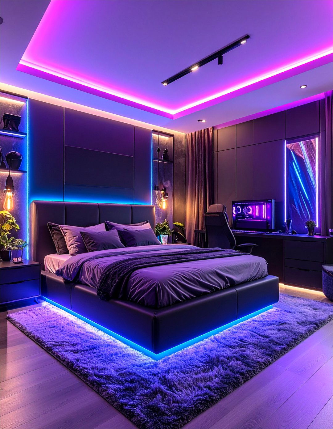 Cyberpunk Neon Gaming Bedroom with LED Accent Lighting - 25 Gaming Bedroom Ideas