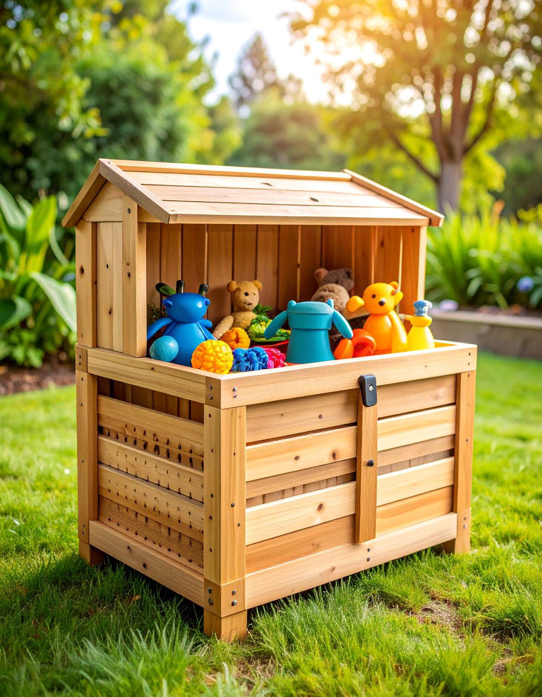 DIY Slatted Outdoor Toy Storage Chest with Drainage - 25 Outdoor Toy Storage Ideas