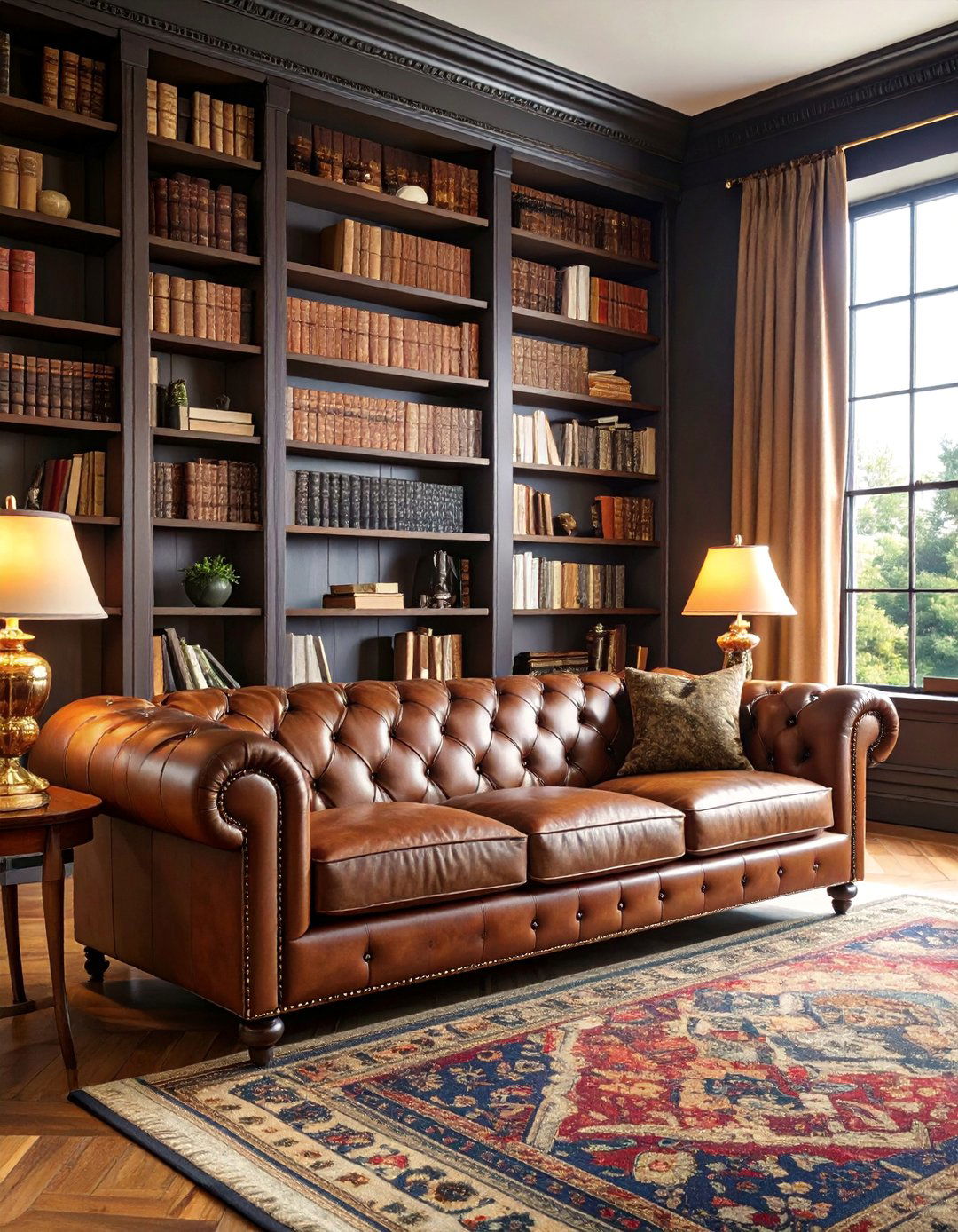Dark Academia Fall Living Room with Rich Brown Leather - 25 Fall Living Room Ideas