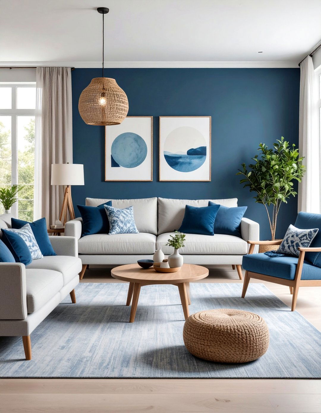 Dark Blue Accent Wall Living Room with Neutral Furniture - 25 Blue Room Ideas
