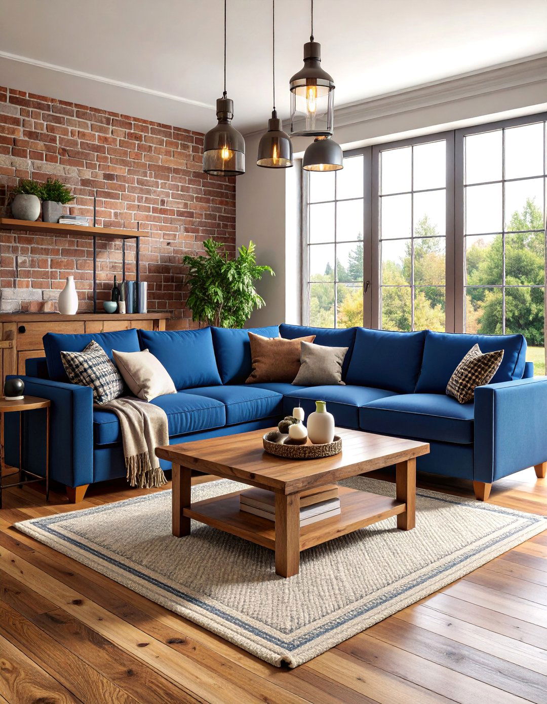 Dark Blue Sectional with Rustic Farmhouse Elements - 25 Blue Couch Living Room Ideas