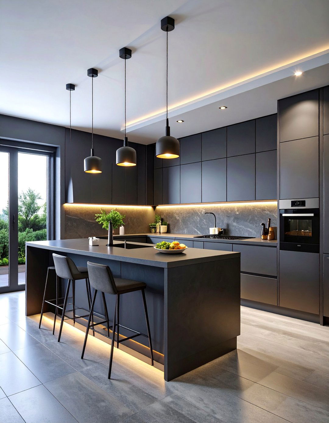 Dark Charcoal Microcement Kitchen with Dramatic Lighting - 25 Microcement Kitchen Ideas