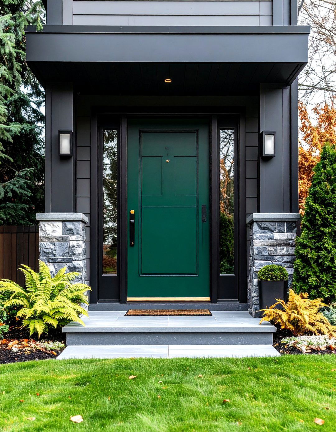 Dark Fern Green with Charcoal Accent Elements - 25 Dark Green Front Door Ideas