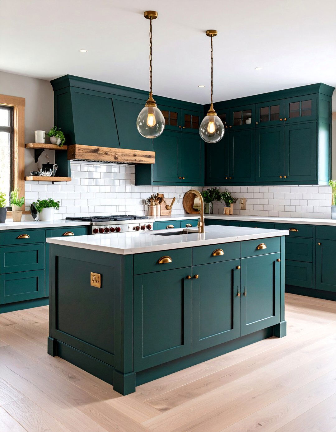 Dark Forest Green Cabinets with Natural Wood Accents - 25 Dark Kitchen Ideas