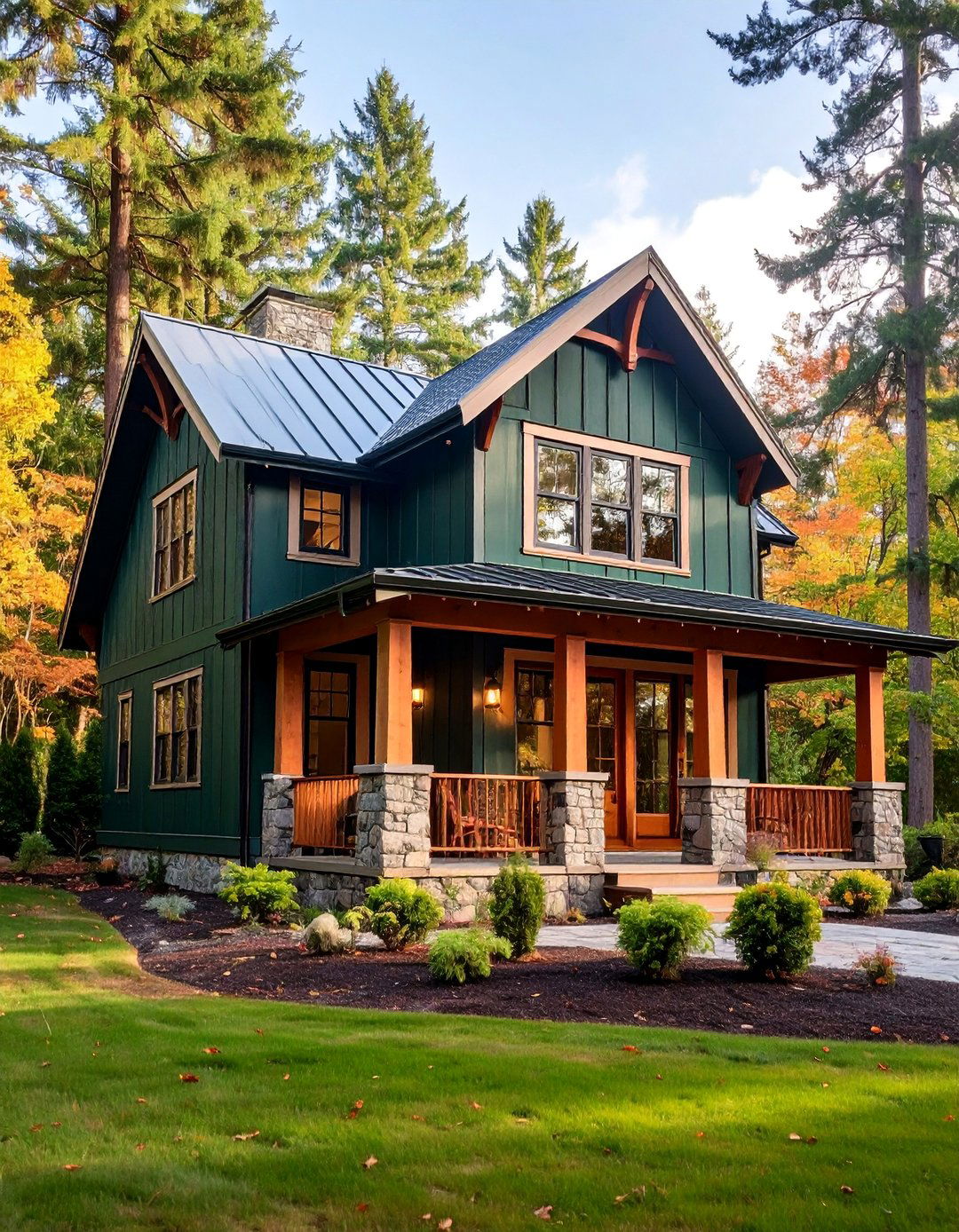 Dark Forest Green Farmhouse with Natural Stone Accents - 25 Farmhouse Green Exterior Home Ideas
